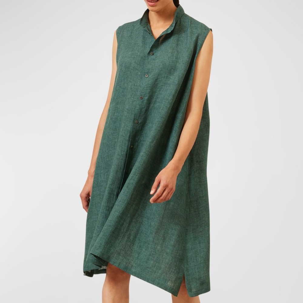 Eskandar Green Linen Flax A-Line Collarless Sleeveless Button-Down Shirt-Dress